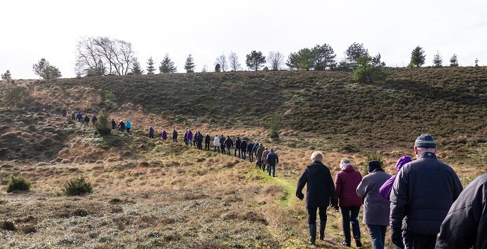 En stor flok mennesker går tur på en hede