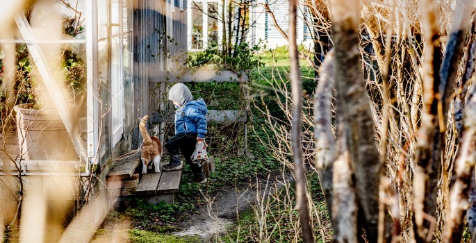 Barn og kat på vej ind i drivhus